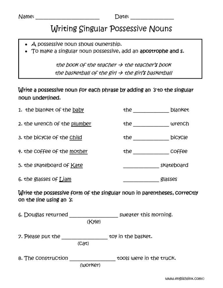 Grade 2 Possessive Apostrophe Worksheet