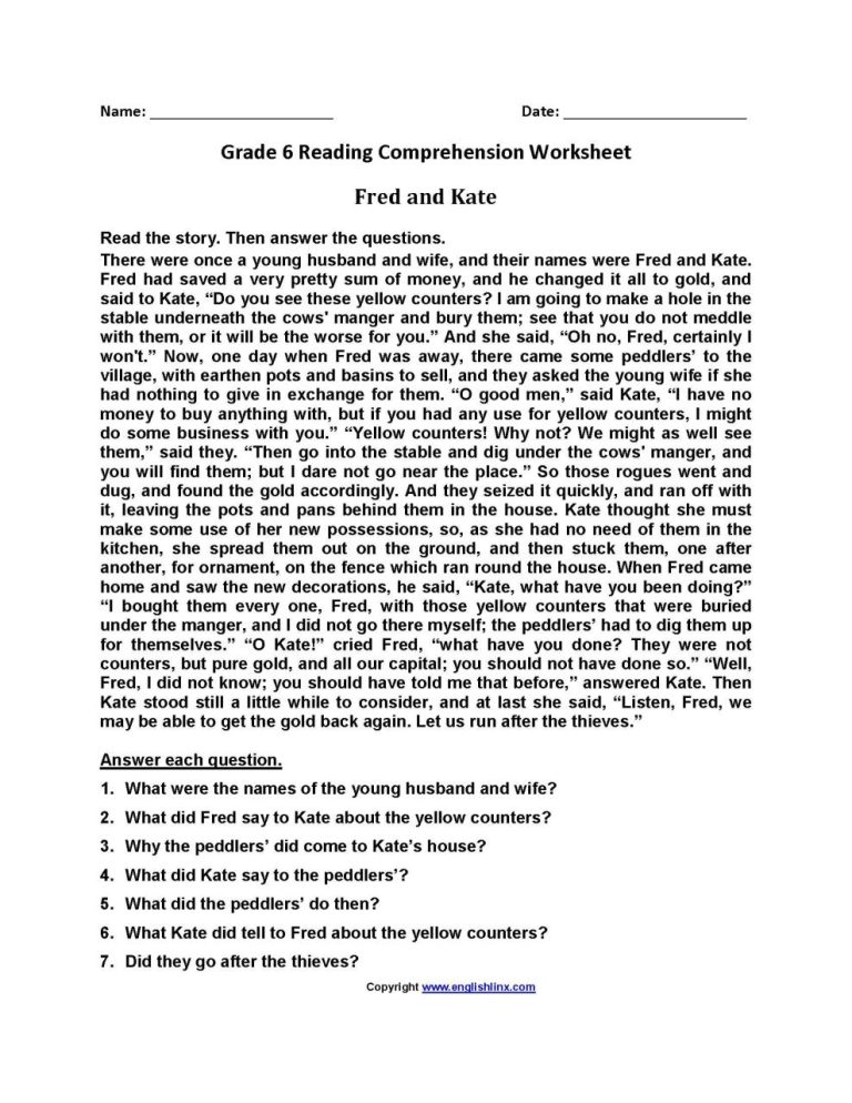 English Comprehension Worksheets For 6th Grade