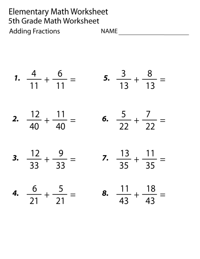 5th Grade Fractions Worksheets Grade 5