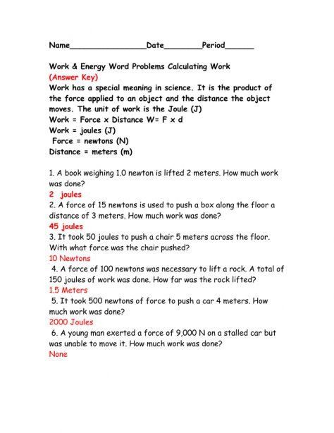 Work And Energy Problems Worksheet