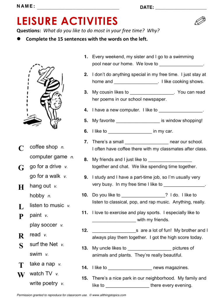 Leisure Education Worksheets For Adults