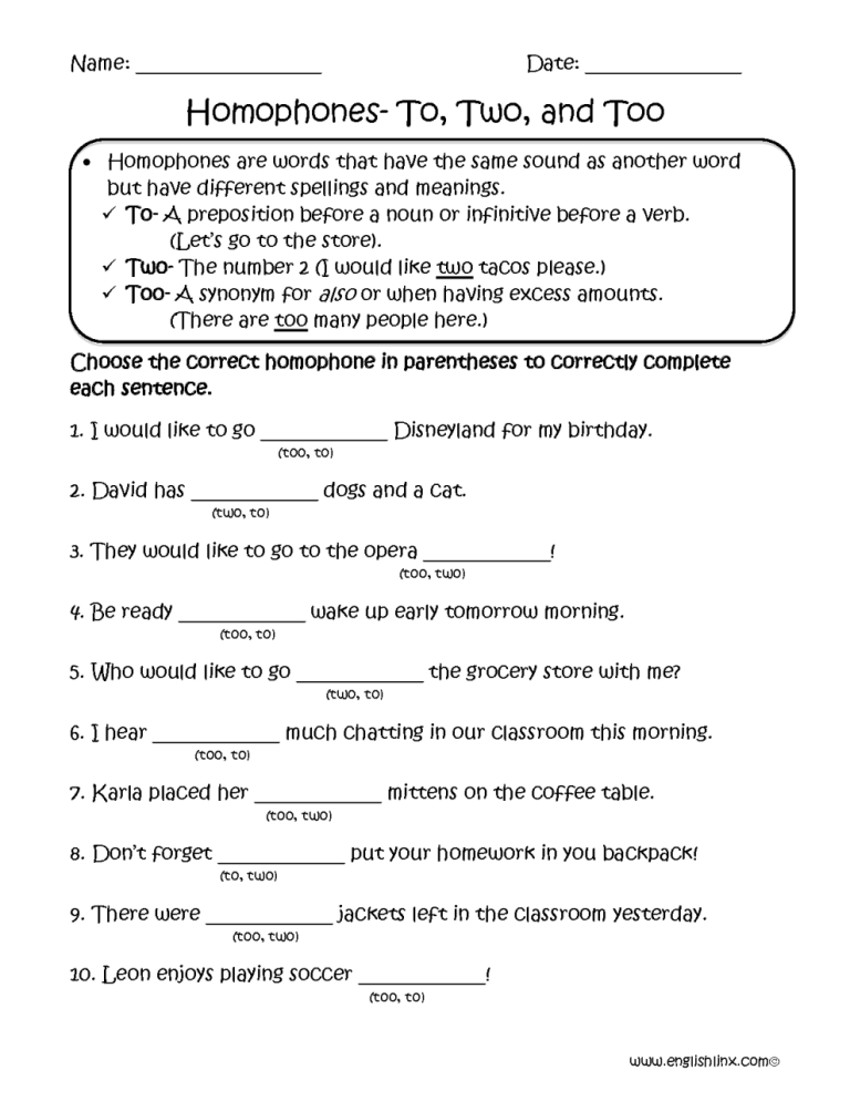 Homophones Worksheets With Answers For Grade 8