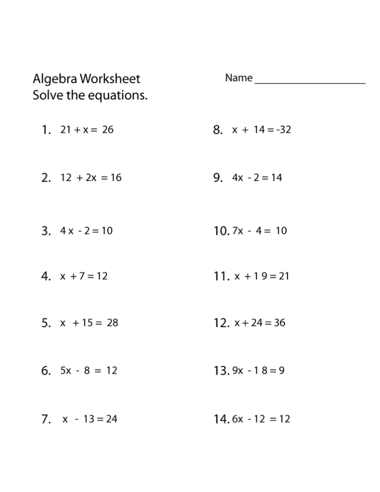 6th Grade Algebra Equations Worksheets