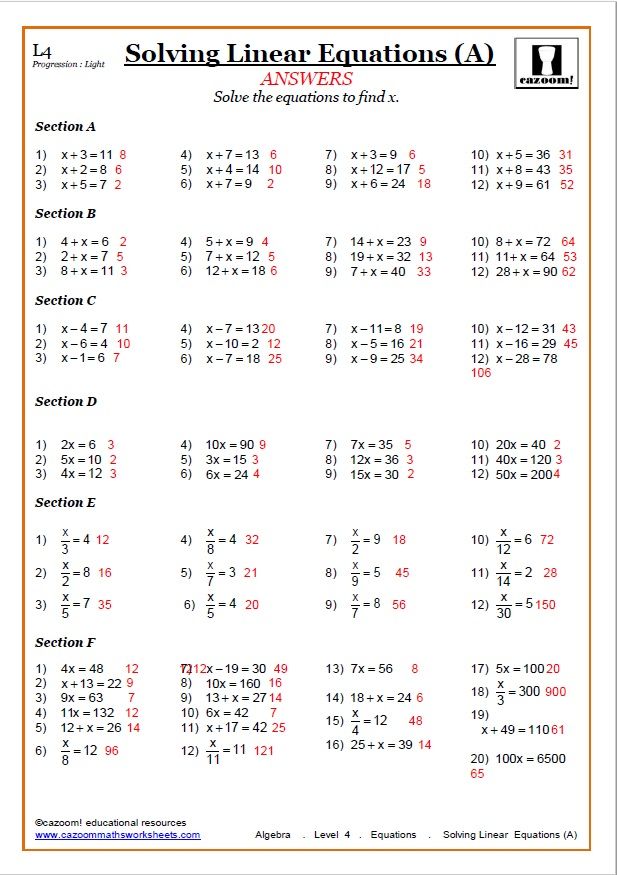 Answer Key Algebra Worksheets Grade 7 With Answers