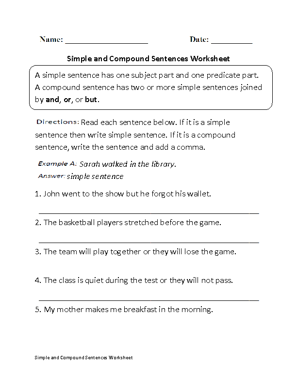 Simple And Compound Sentences Worksheet With Answers