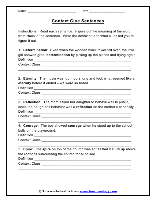 Types Of Context Clues Worksheet