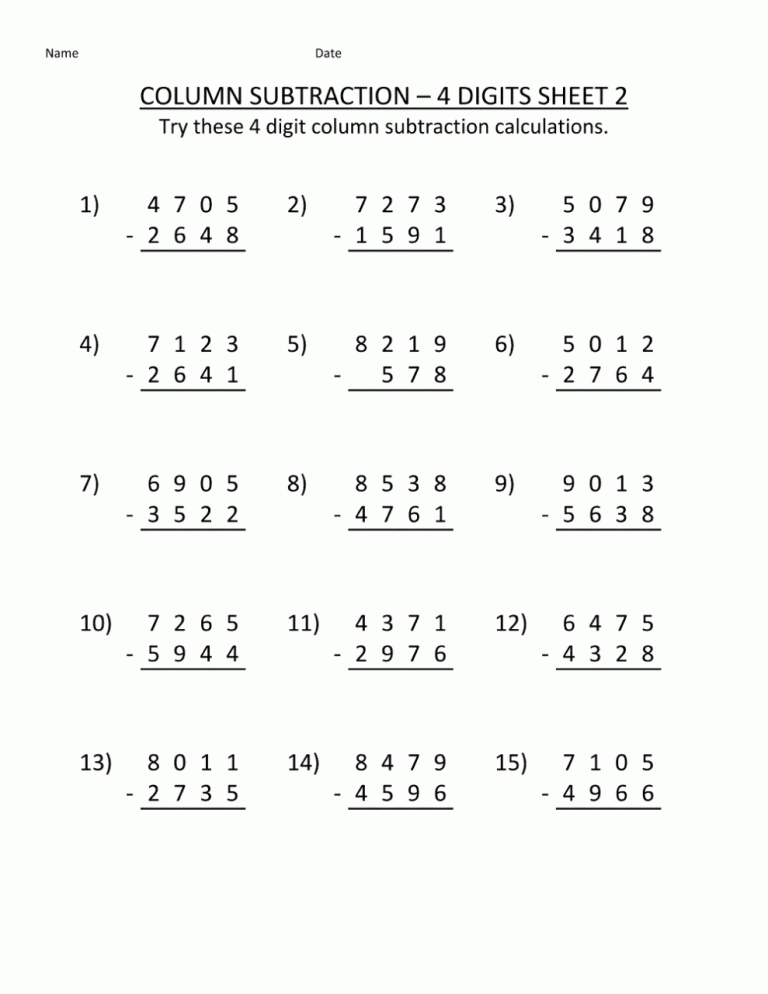 Maths Worksheet For Class 5 Subtraction