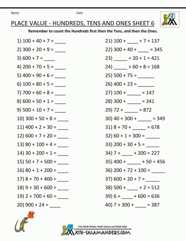 Place Value 2nd Grade Worksheets Free