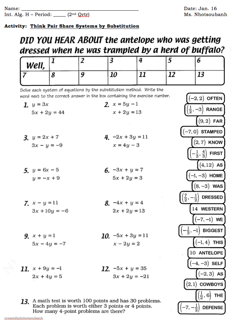 Substitution Worksheet Pdf