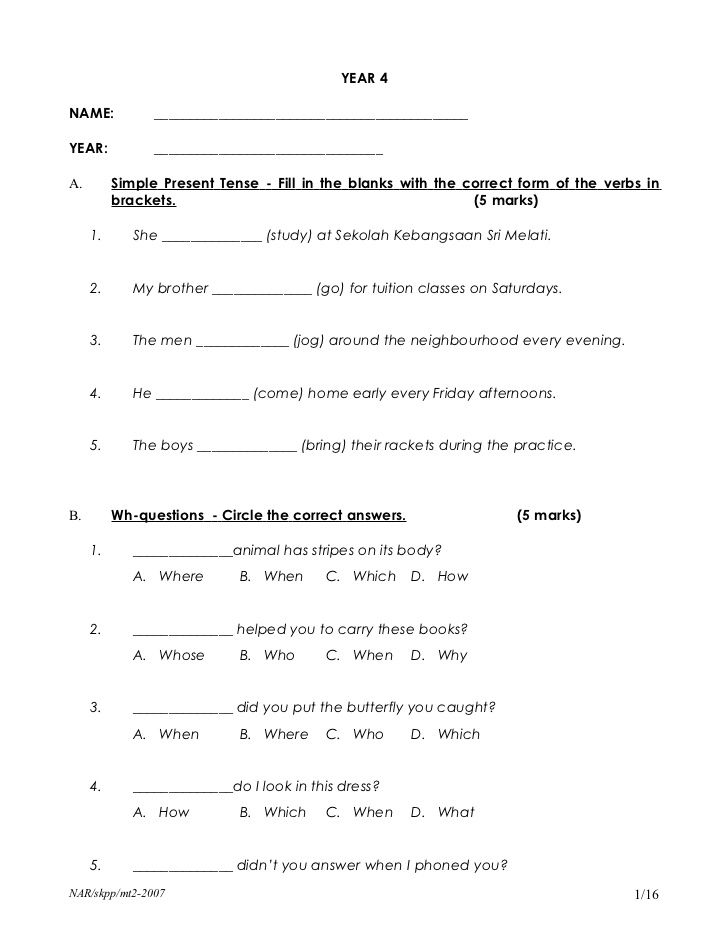 English Worksheets For Grade 4