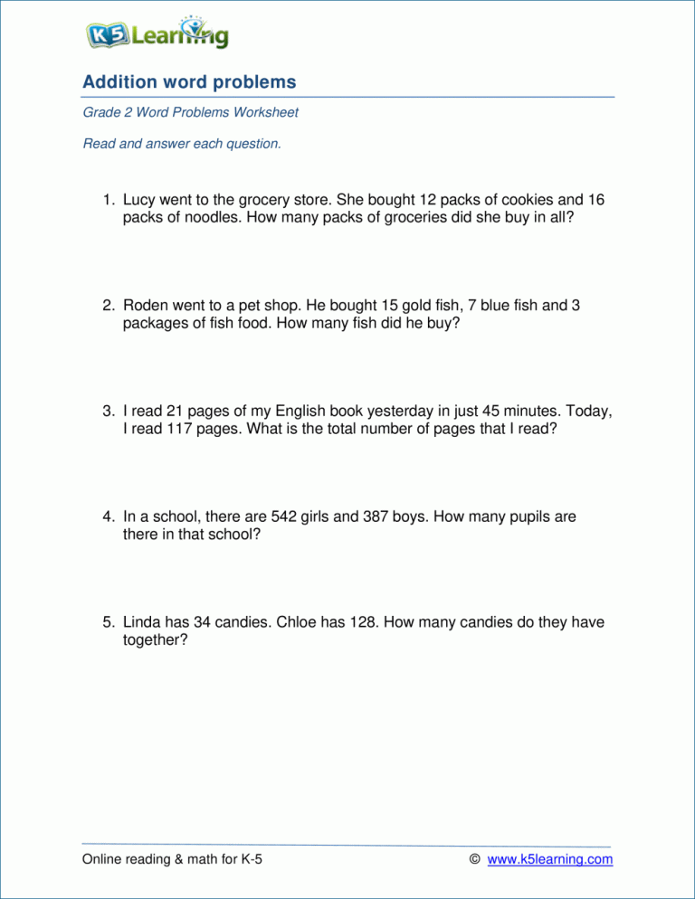 Problem Solving Addition Word Problems For Grade 2 Worksheets