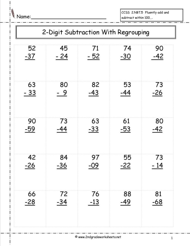 Double Digit Subtraction With Regrouping Worksheets Pdf