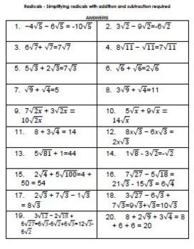 Simplifying Adding And Subtracting Radicals Worksheet