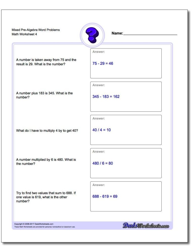 Free Pre Algebra Worksheets