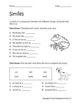 Simile And Metaphor Worksheet 2 Answer Key