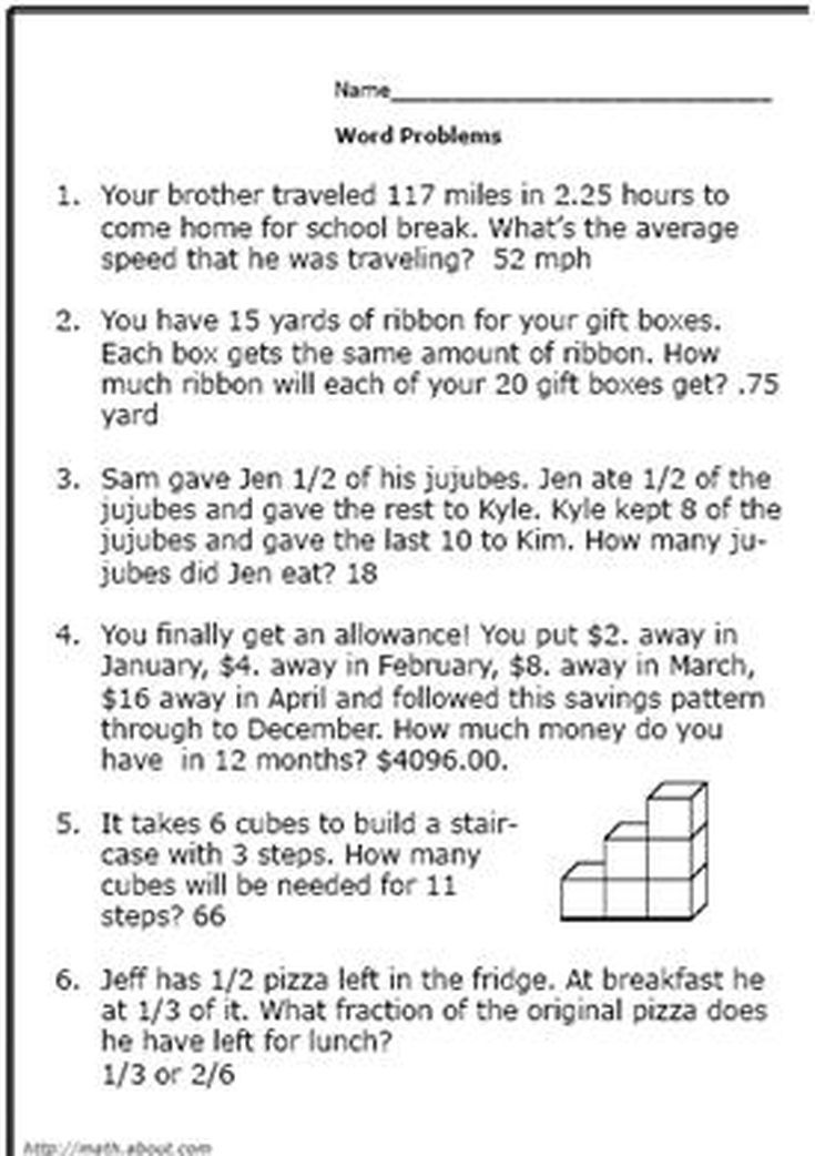 6th Grade Division Word Problems Grade 6