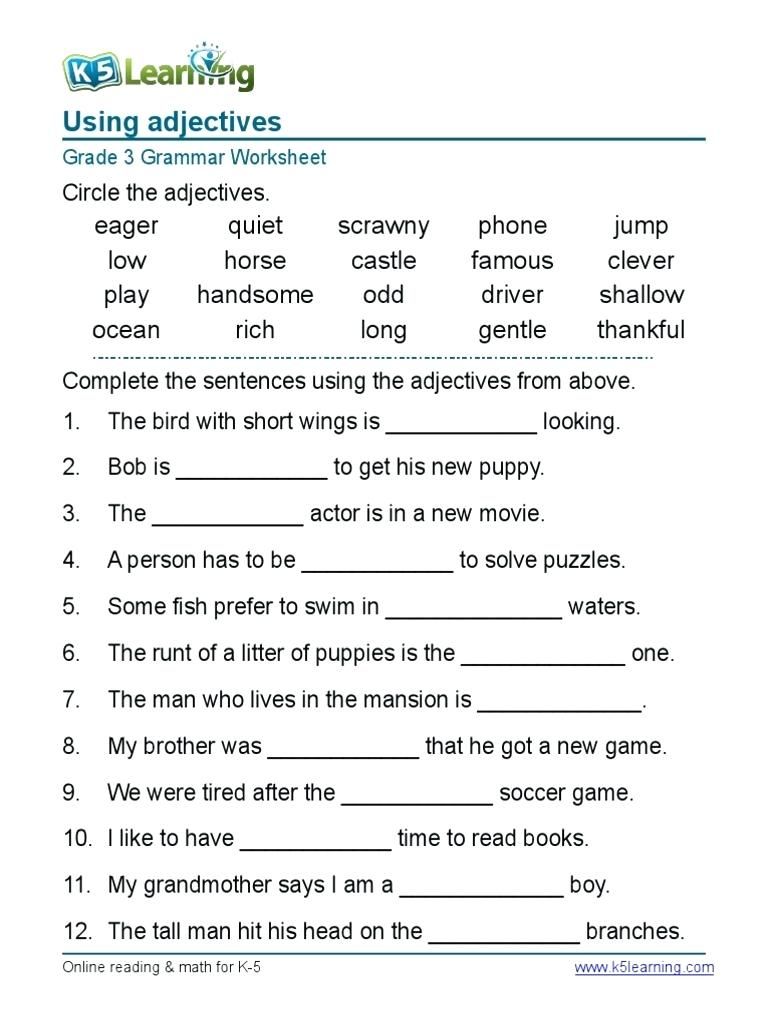 English Worksheets For Grade 4 With Answers