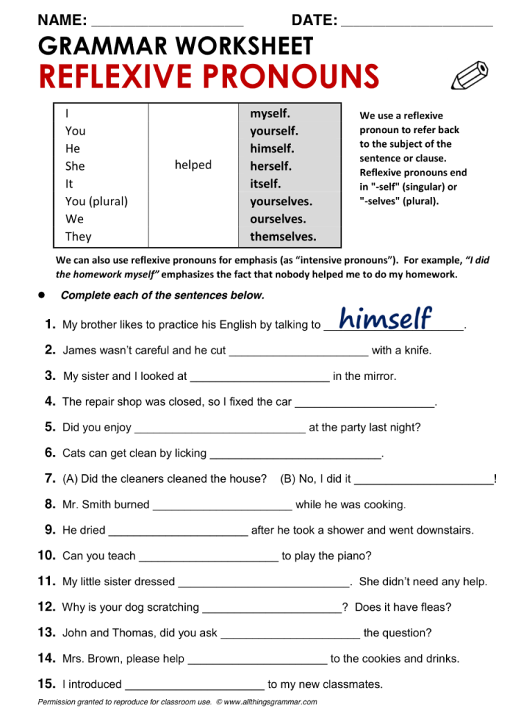 4th Grade Reflexive Pronouns Worksheets