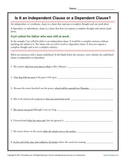 Subordinate Clause Worksheet