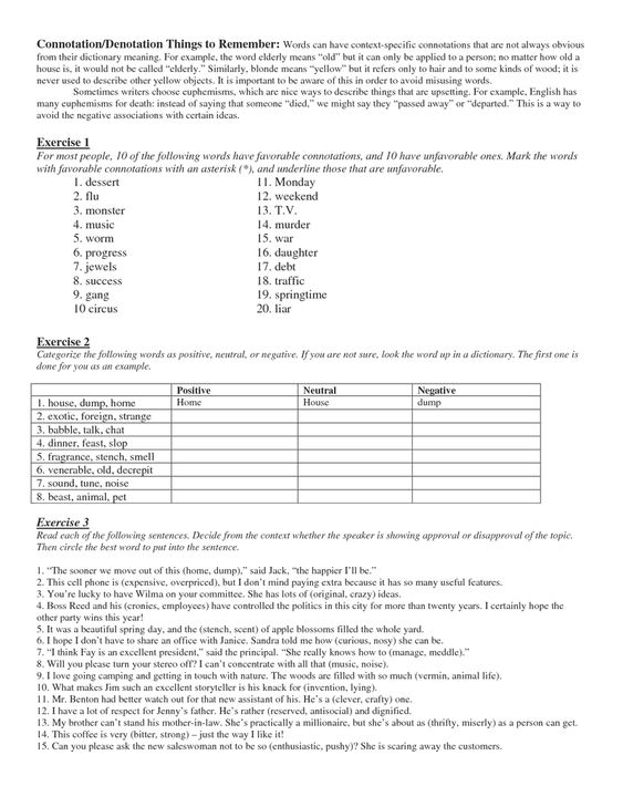 Connotation And Denotation Worksheets 4th Grade