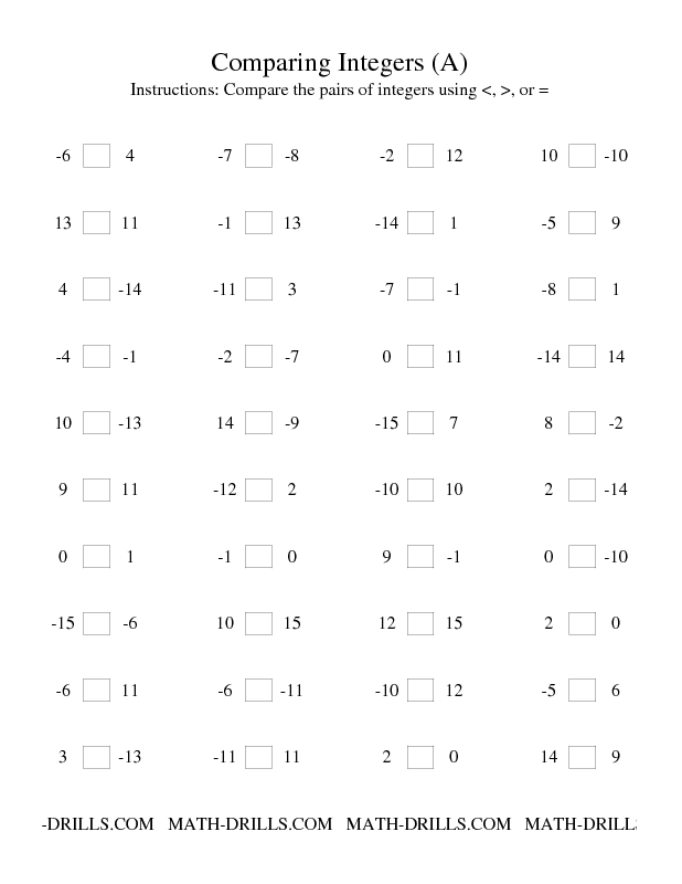 Comparing Integers Worksheet Pdf