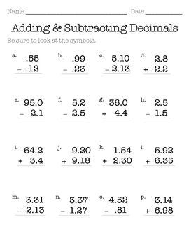 Subtracting Decimals Worksheet Grade 6