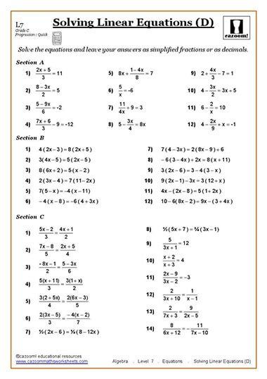 Solving Linear Equations Worksheet Grade 8