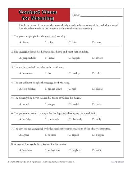 7th Grade Grade 7 Context Clues Worksheets