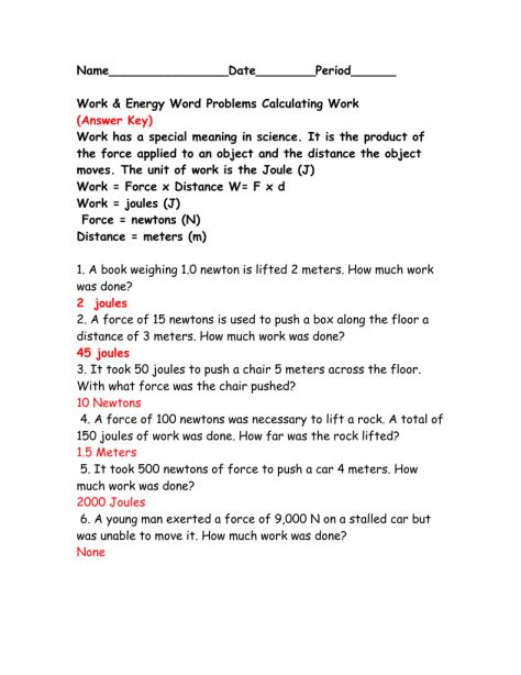 Energy Worksheet Answers