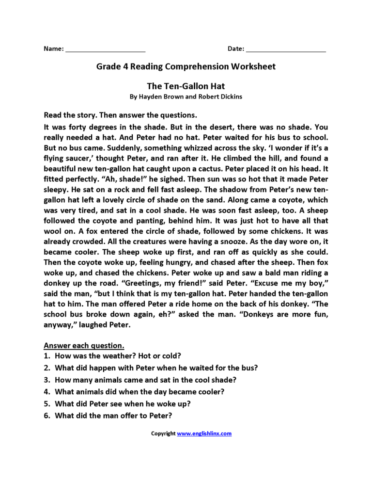 Reading Comprehension Worksheets For Grade 4