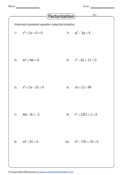 Quadratic Equation Worksheet With Answer Key