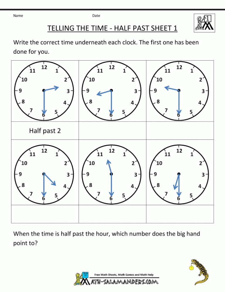 Telling Time Half Past The Hour Worksheets