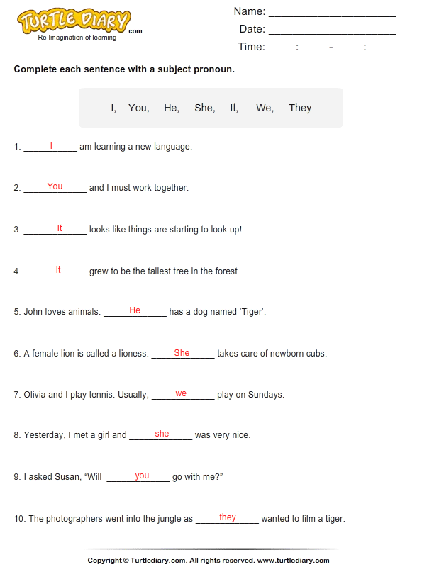 Subject Pronouns Worksheet For Grade 1