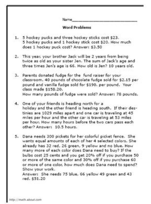 7th Grade Algebra Word Problems Worksheet