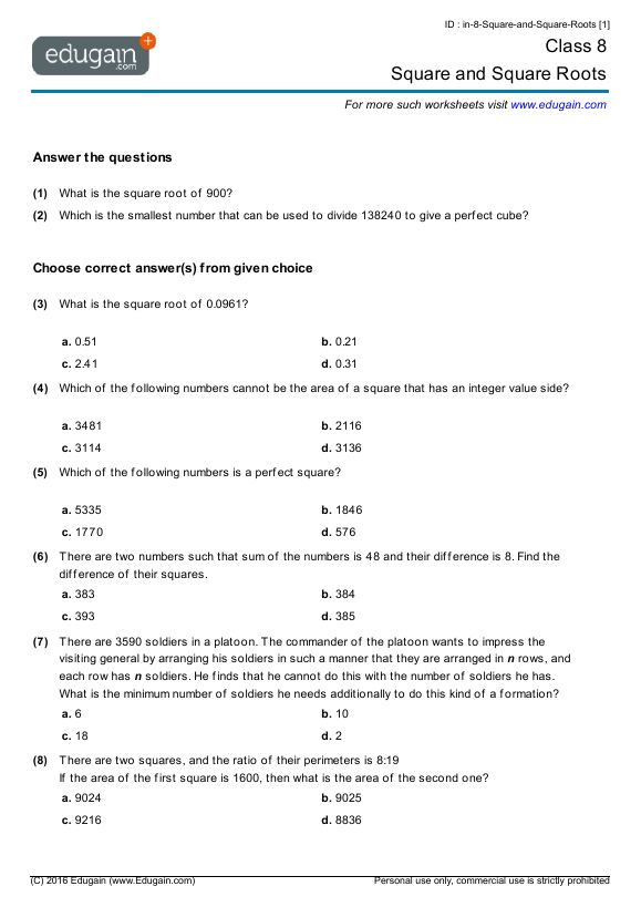 8th Grade Squares And Square Roots Class 8 Worksheet