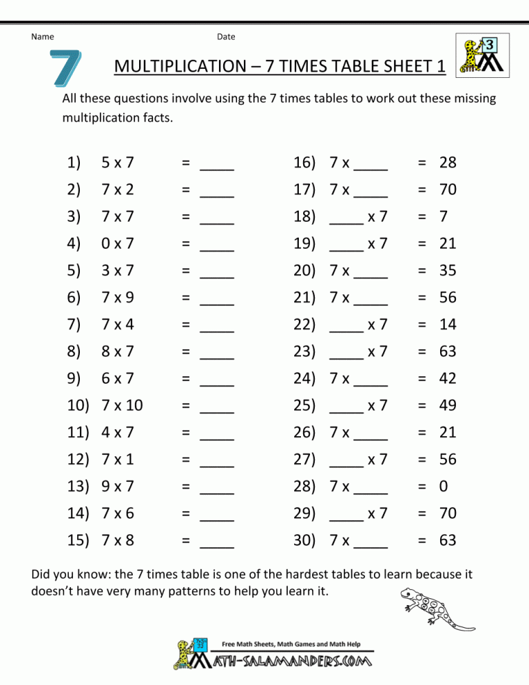 7 Times Table Worksheet With Answers