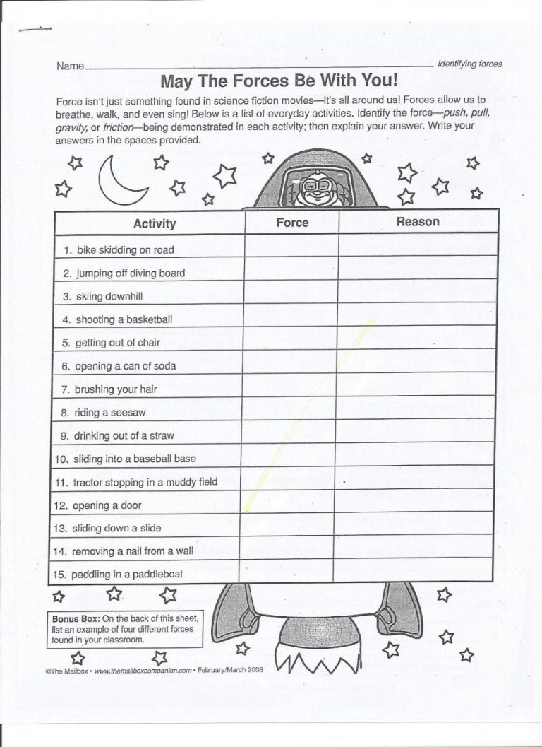 Worksheet Examples Of Balanced And Unbalanced Forces