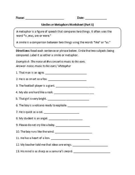 Simile And Metaphor Worksheet 5th Grade