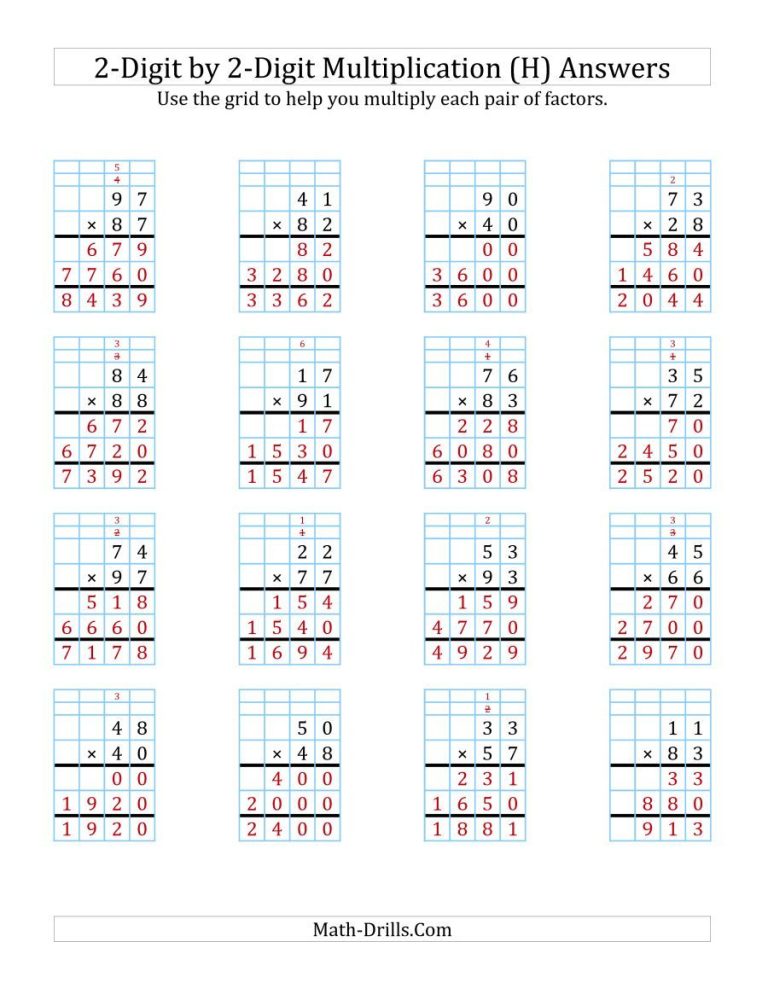 2 Digit By 2 Digit Multiplication Worksheets Pdf With Answers