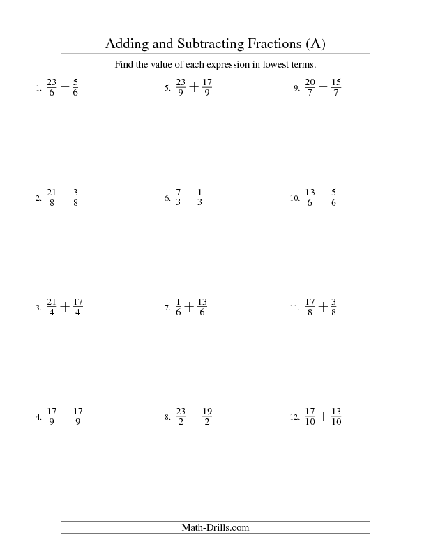 Addition Of Fractions Worksheets