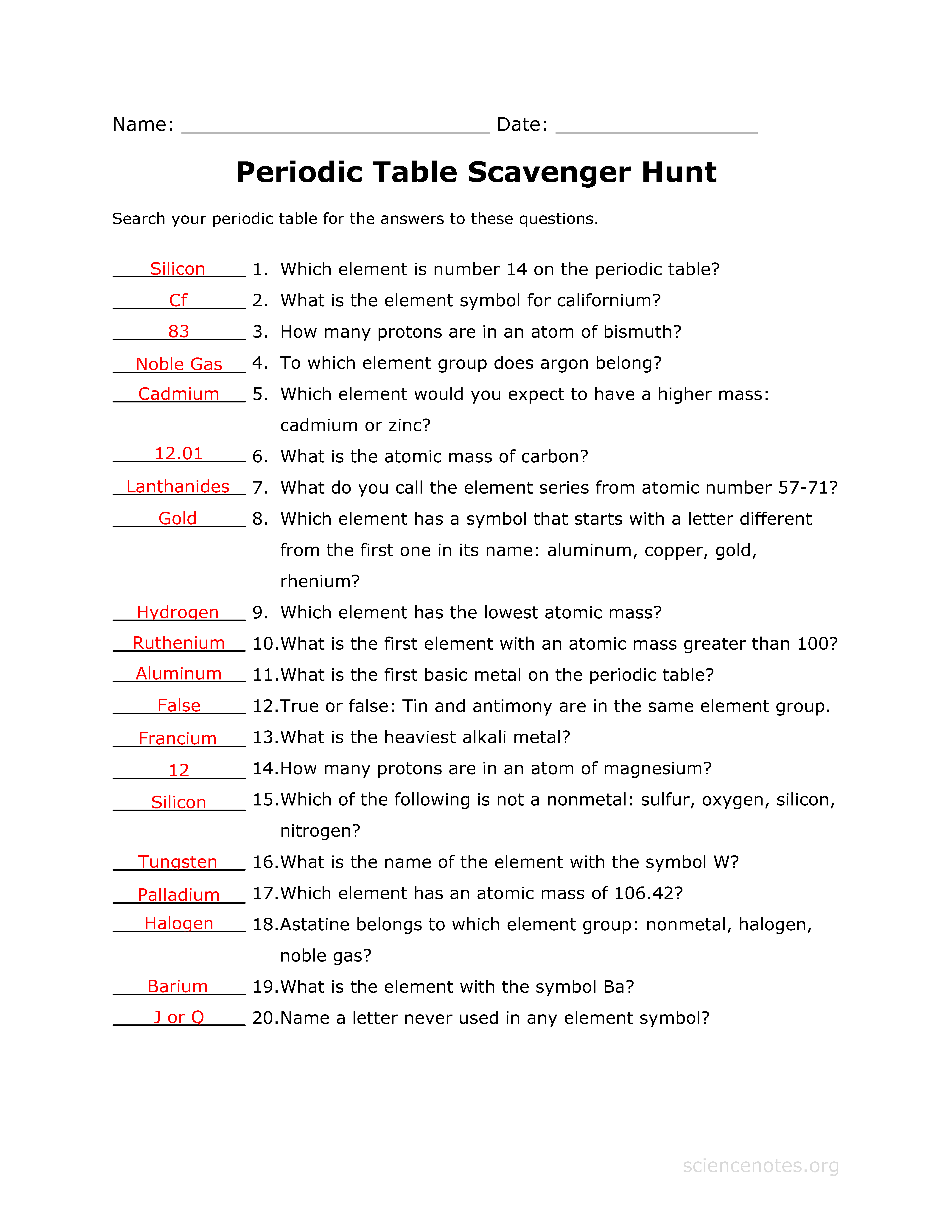 Periodic Table Worksheet Answers Pdf