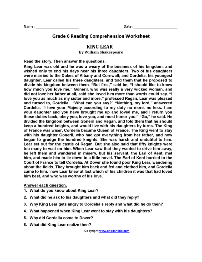 Year 6 Reading Comprehension Worksheets