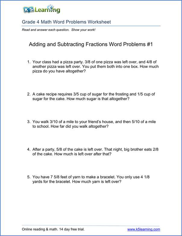 4th Grade Addition And Subtraction Word Problems Grade 4