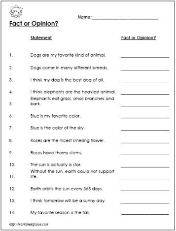 Fact And Opinion Worksheets 4th Grade