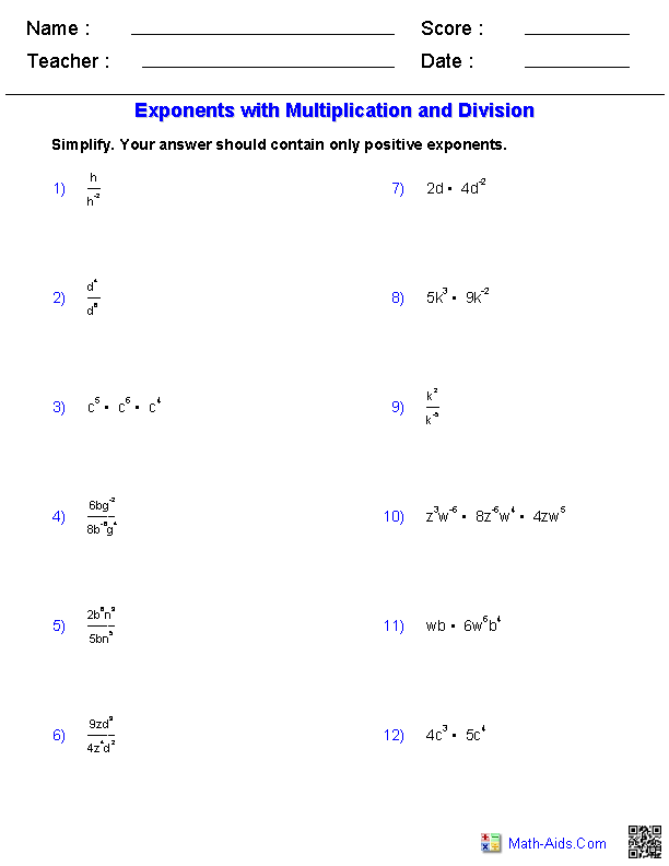 Negative Exponents Worksheet Answers