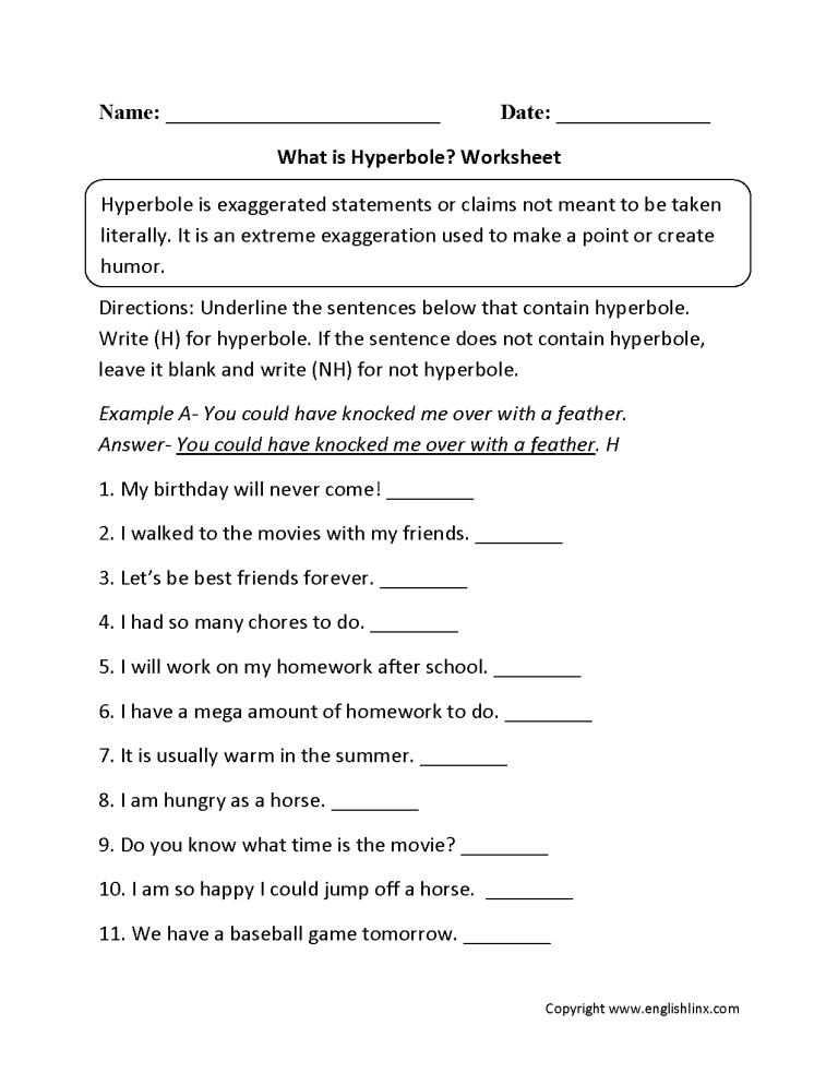 Hyperbole Worksheets For Grade 5