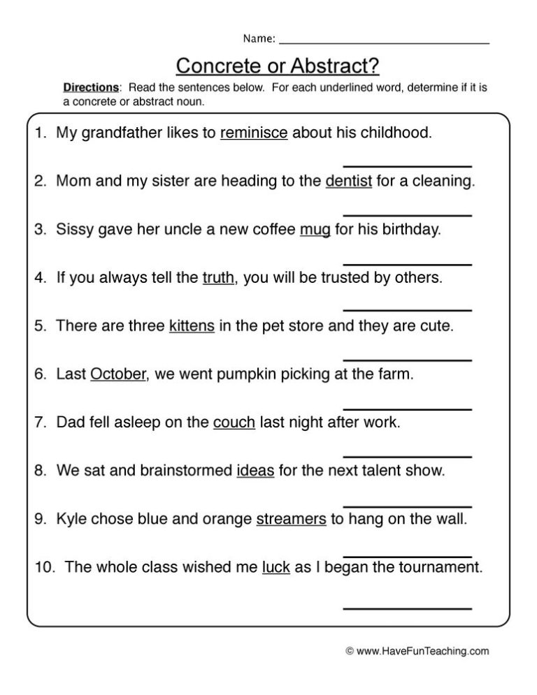 Abstract Noun Worksheets For Class 5 Pdf