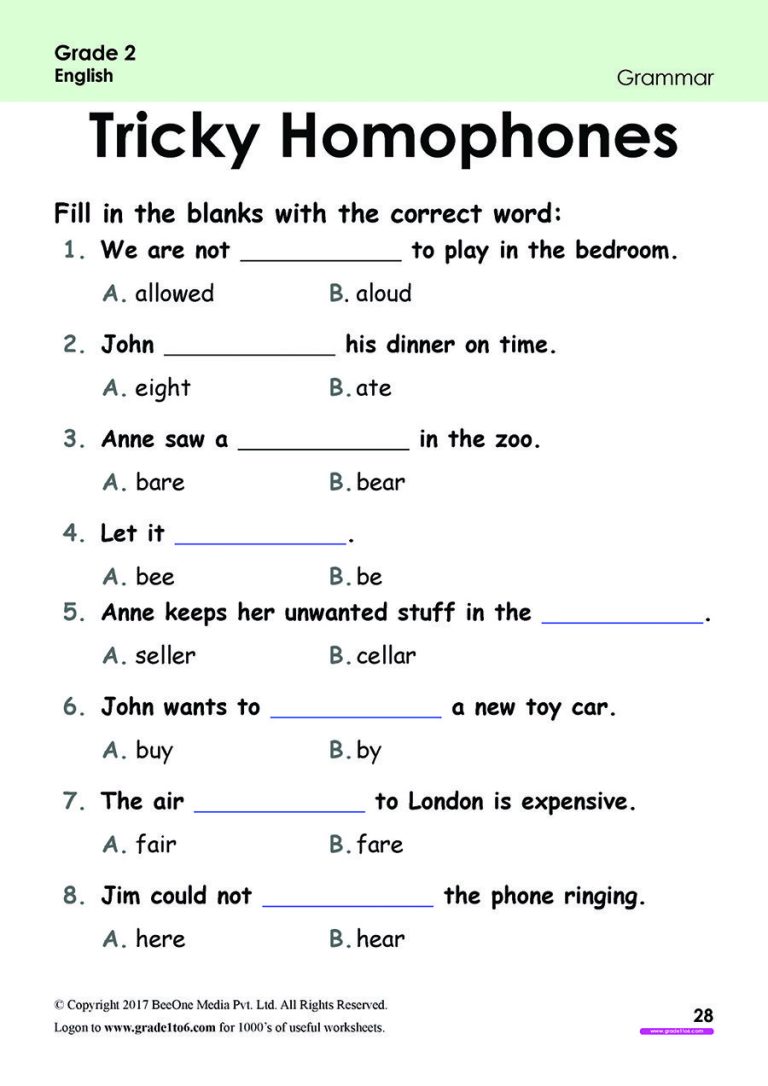 English Worksheet For Class 2nd