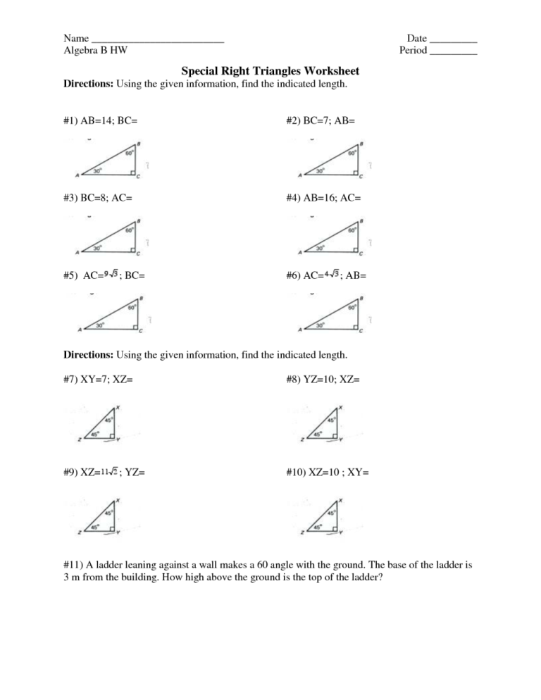 Answer Key Special Right Triangles Worksheet Answers