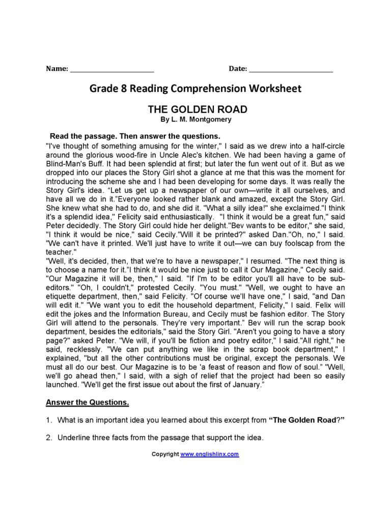 Reading Comprehension Worksheets 7th Grade